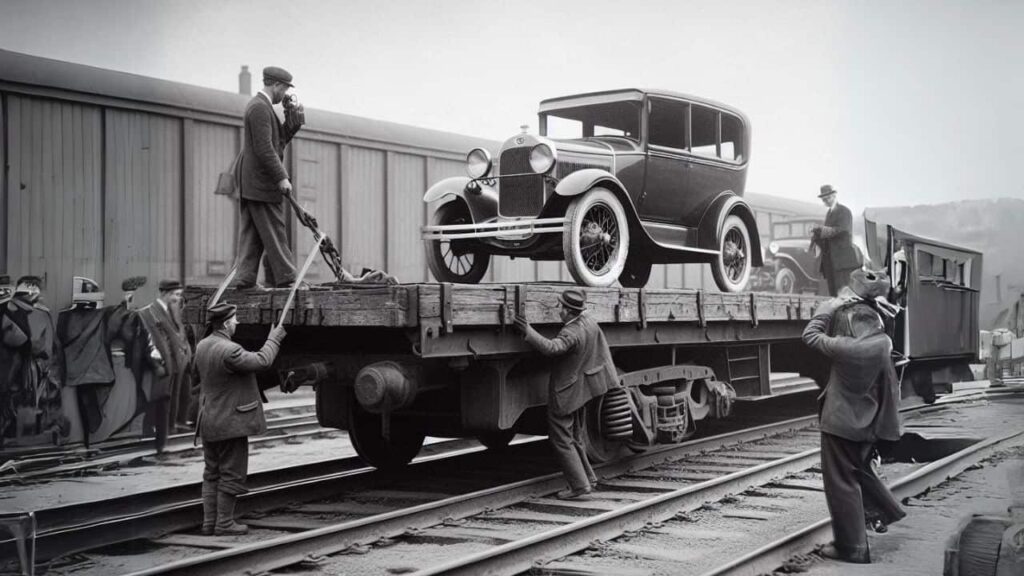 old AI image of car loaded in train to transport Car by Train